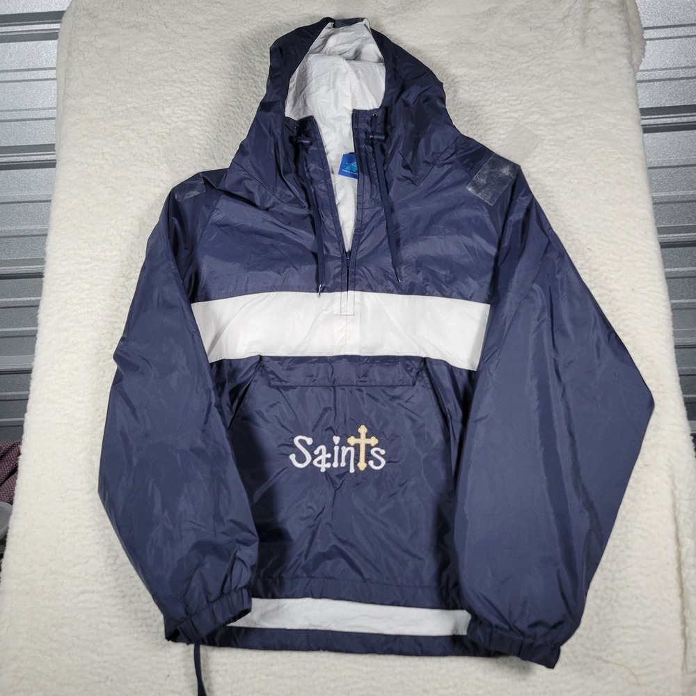 Acadia Windbreaker Men L Navy White Saints Embroidered Half Zip Hooded Jacket